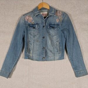 Mossimo Supply Co. Distressed Denim Jacket Floral Embroidered Crop Raw Hem XS